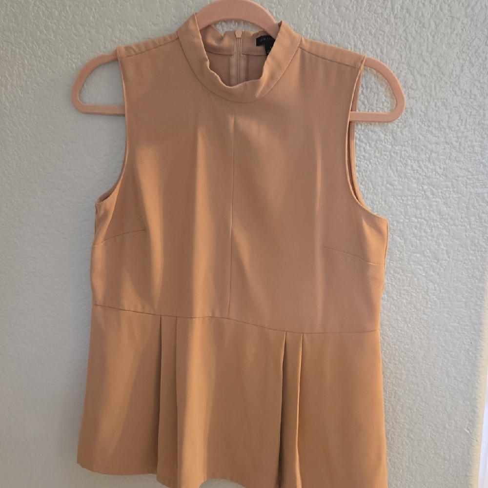 Ann Taylor Tan Pleated Sleeveless Blouse with Mandarin Collar